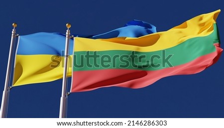 Ukraine and Lithuania flags waving in the sky. 4K large national symbols fluttering in the wind.