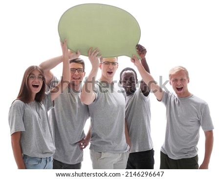 close up. a group of diverse young people with a speech bubble