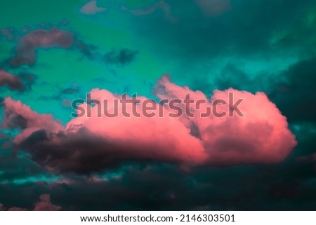 Bright neon pink-green clouds. Abstract background in 80s style
