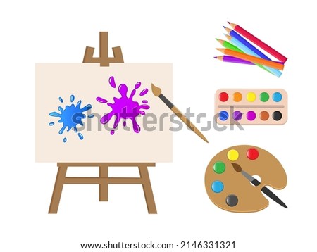 Painting tools elements cartoon colorful concept. Drawing creative materials illustration for workshops designs