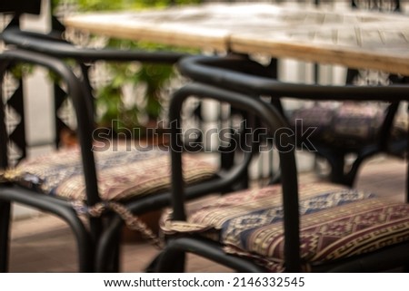 defocused Ukraine. Chernihiv city before war. Blurry street cafe background. Out of focus interiour in summer time.