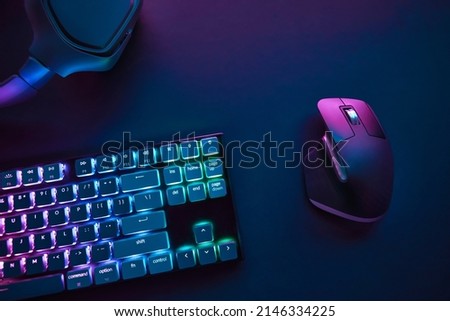 View of pastel neon color backlighted computer keyboard and mouse from above. Professional computer game playing, esport business and online world concept. Royalty-Free Stock Photo #2146334225