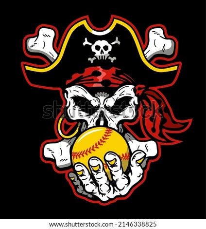 pirate captain skull mascot holding softball for school, college or league Royalty-Free Stock Photo #2146338825