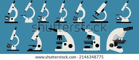 Beige light microscope flat icon set on blue background. Vector illustration of laboratory equipment. Vector set of microscope silhouette icons. Royalty-Free Stock Photo #2146348775