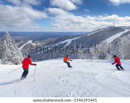 Mont Tremblant in winter with skiers on the foreground, Quebec, Canada Royalty-Free Stock Photo #2146391441