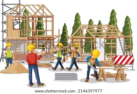 Isolated construction site with workers illustration