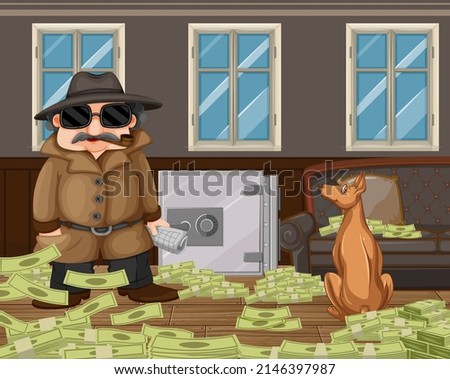 A thief stealing money from security box illustration