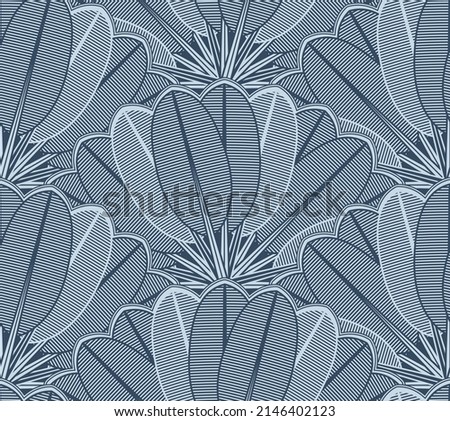 Jungles leaves navy blue vector seamless pattern. Exotical tropical jungle leaf, palms, foliage interior wallpaper design.Exotic banana palm tree botanical illustration.