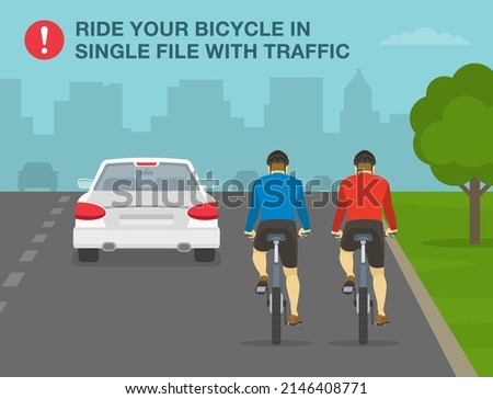 Safe bicycle riding rules and tips. Cyclists riding bike in two abreast on the city road. Back view of traffic flow. Flat vector illustration template.
