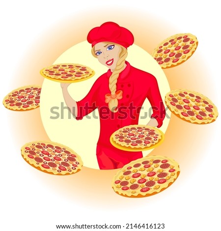 The chef is a pizza magician that will not leave you indifferent, vector illustration with background, fast food, big pizza