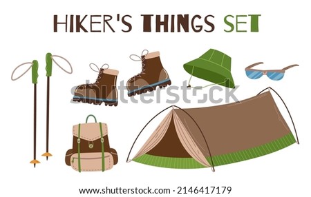 Set of items and clothes for a successful trip: camping tent, backpack, hat, sunglasses, hiking boots and walking sticks. Mountain travel, climbing and trekking equipment.Vector illustration isolated