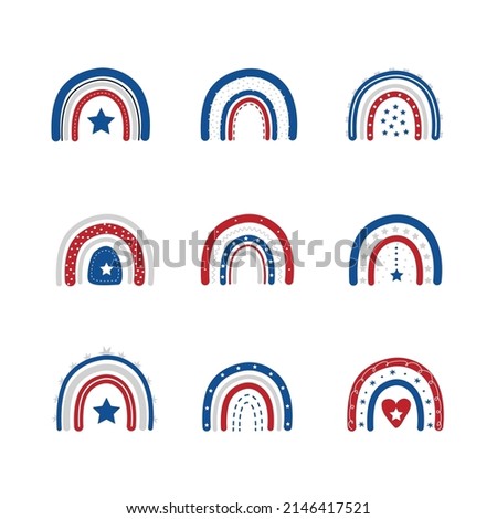 Boho rainbow in USA flag colours. The United States country federal patriotic holiday. Vector illustration in flat cartoon style. Cute festive 4 of july elements.