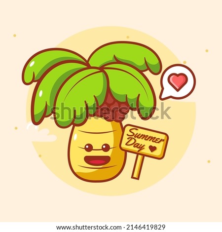 kawaii cartoon coconut tree with happy expression celebrating summer with love