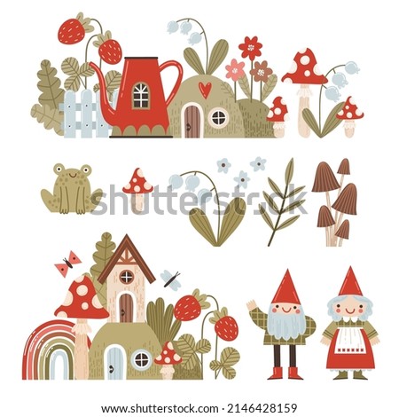 Vector illustrations set of forest plants, magic houses, flowers and fairy tale characters. Cute, fabulous houses, amanita, mushrooms, lilies of the valley in cartoon style, garden gnomes, wood elves