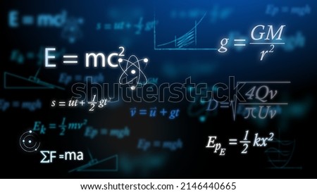 Complex mathematical or physics equations on a black or dark blue background such as Albert Einstein's general relativity and Sir Isaac Newton's laws of motion. Royalty-Free Stock Photo #2146440665