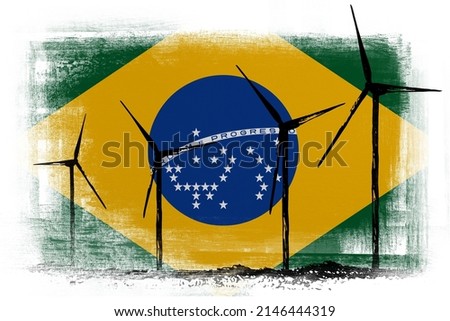 Wind energy generators on background in colors of national flag. Brazil