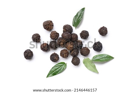 Flat lay of black peppercorns (black pepper) with leaves isolated on white background. Royalty-Free Stock Photo #2146446157