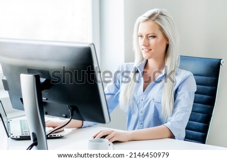 Young Woman Works at Home Office Using Computer. Workplace of Female Entrepreneur, Freelancer or Student. Remote Work and Education Concept.