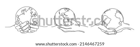 Hold world in hands. Carry earth, one line globe in hand and global support concept vector illustration set of world earth planet in hands symbol Royalty-Free Stock Photo #2146467259