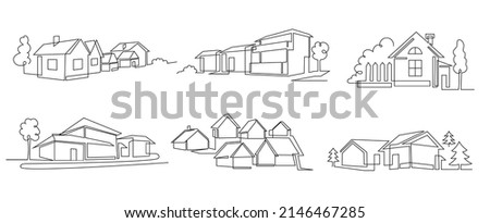 One line houses. Vacation home, suburban area and hand dwawn housing market branding vector illustration set of building estate line, house outline graphic