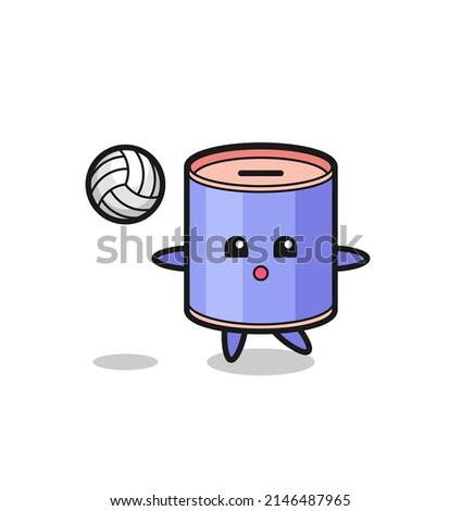 Character cartoon of cylinder piggy bank is playing volleyball , cute design