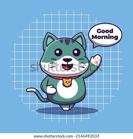 Cute cat walking and saying good morning vector illustration. Flat cartoon style.