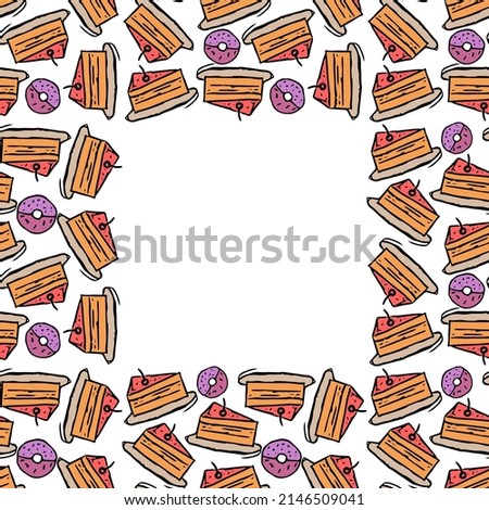 Colored seamless pattern with cakes and donuts icons. vector food icons with place for text