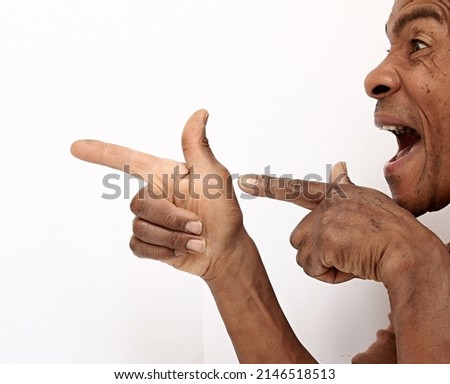 man pointing his finger on white background stock photo