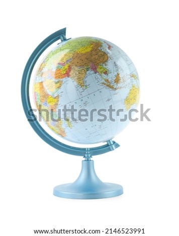 Plastic model globe of Earth isolated on white. Geography lesson Royalty-Free Stock Photo #2146523991