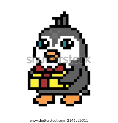 Happy penguin with a holiday gift, pixel art bird character isolated on white background. Old school retro 80s, 90s 8 bit slot machine, computer, video game graphics. Cartoon birthday animal mascot. 