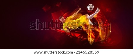 Flyer. Creative artwork with soccer, football player in motion and action with ball isolated on dark background with polygonal and fluid elements. Concept of art, creativity, sport, energy and power