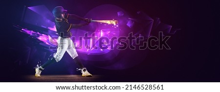 Powerful hit. One professional baseball player in motion and action with bat isolated on dark background with polygonal and fluid neoned elements. Concept of art, creativity, sport, energy and power