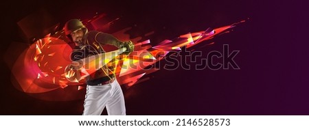 Powerful hit. One professional baseball player in motion and action with bat isolated on dark background with polygonal and fluid neoned elements. Concept of art, creativity, sport, energy and power