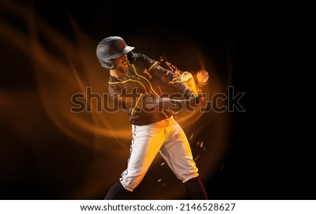 Professional baseball player in sports equipment training alone isolated on dark background with mixed light effect. Sport, art, action, hobby concept. Poster, flyer with sportive man Royalty-Free Stock Photo #2146528627