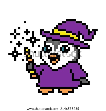 Penguin wizard wearing a mantle and a hat putting a spell with a magic stick, pixel art Halloween animal character isolated on white background. Retro 80s, 90s 8 bit slot machine, video game graphics