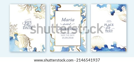 Set of wedding cards, invitation. Save the date sea style design. Blue watercolor wash.  Summer background. Hand drawn seashells with golden texture. Sea wedding concept. Royalty-Free Stock Photo #2146541937