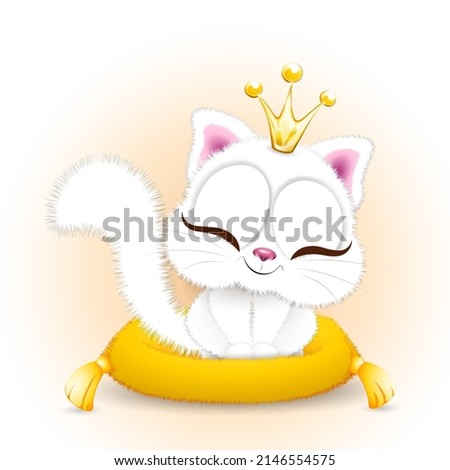 Cute fluffy little white cartoon Kitten sits on the yellow pillow. 