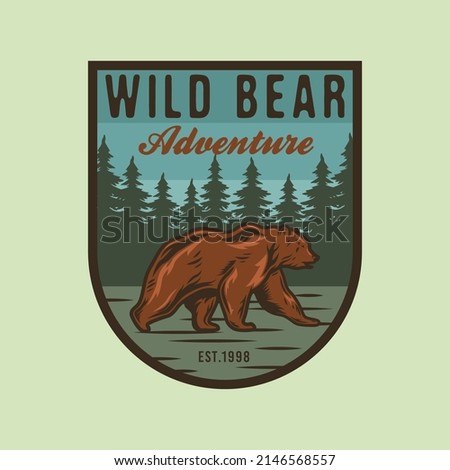Wild bear adventure camping badge with natural scene