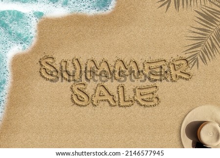 Summer sale text on sandy beach, e-commerce summer campaign concept, summer sale banner idea, palm shadow sea wave and straw hat composition, top view
