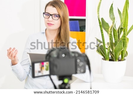 blog video camera vlog blogger recording blogging makeup internet girl person photo concept - stock image