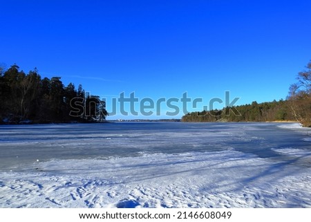 Winter landscape photo. Swedish nature with a frozen lake. Forest in the distance far away. Mälaren, Stockholm, Sweden.