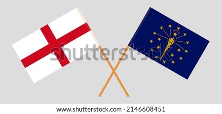 Crossed flags of England and the State of Indiana. Official colors. Correct proportion. Vector illustration
