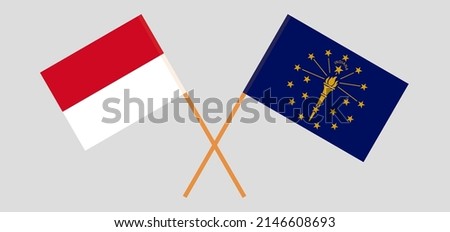 Crossed flags of Monaco and the State of Indiana. Official colors. Correct proportion. Vector illustration
