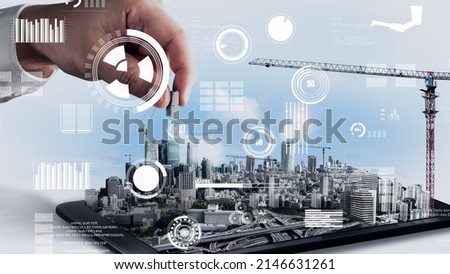 Innovative architecture and inventive civil engineering plan building construction project. Creative graphic design showing concept of infrastructure city building by architect, worker and engineer. Royalty-Free Stock Photo #2146631261