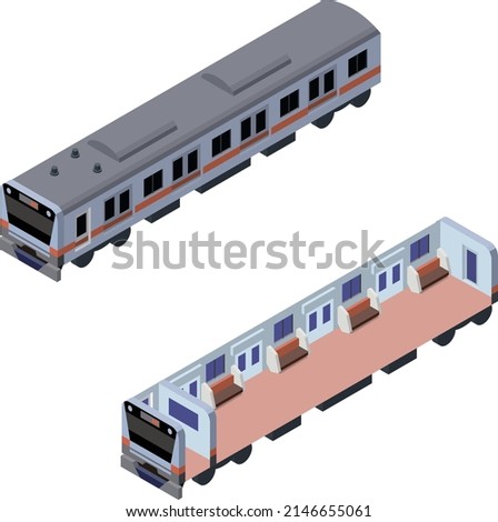 Illustration of a three-dimensional isometric style train and its cross section.
Illustration showing the seating inside the train.
Icons for use in infographics, transportation concepts.