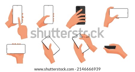 Human hands hold mobile phone with empty blank screen set vector illustration. Cartoon arms touch device with fingers, zoom, tap, swipe gestures isolated on white. Communication, internet concept
