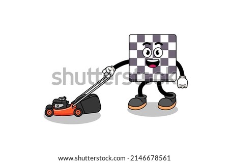 chessboard illustration cartoon holding lawn mower , character design