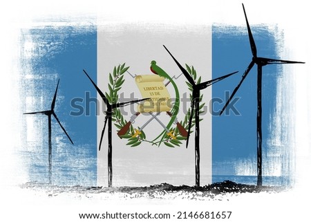 Wind energy generators on background in colors of national flag. Guatemala