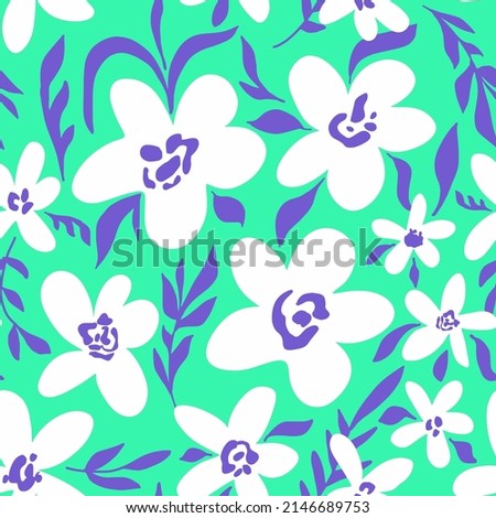 Abstract Hand Drawing Large Tropical Poppy Retro Flowers and Leaves Seamless Vector Pattern Isolated Background