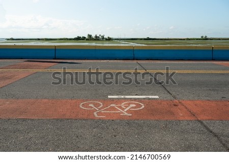 Bike paint sign on the road. Bicycle traffic sign painted on the street floor. Bike path with scenic lake view at Thale Noi, Phatthalung, Thailand.